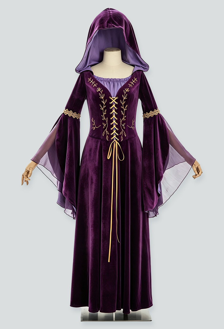 Daizbella Medieval Vintage Purple Velvet Hooded Maxi Dress Renaissance Embroidered Lace-Up Dress
