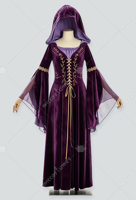 Daizbella Lila Samt Vintage Kapuzenkleid Mittelalter Renaissance Stil mit Stickerei und Schnürung