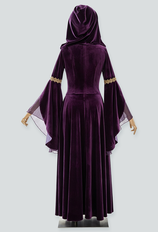 Daizbella Lila Samt Vintage Kapuzenkleid Mittelalter Renaissance Stil mit Stickerei und Schnürung
