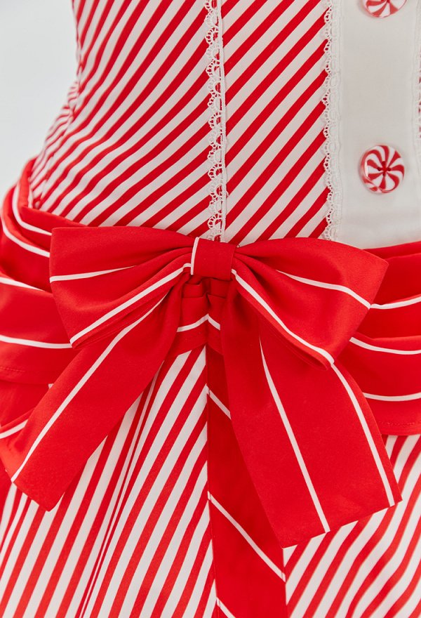 Vestido Navideño Adorable de Bastón de Caramelo Vestido de Mangas Abullonadas a Rayas Rojas y Blancas