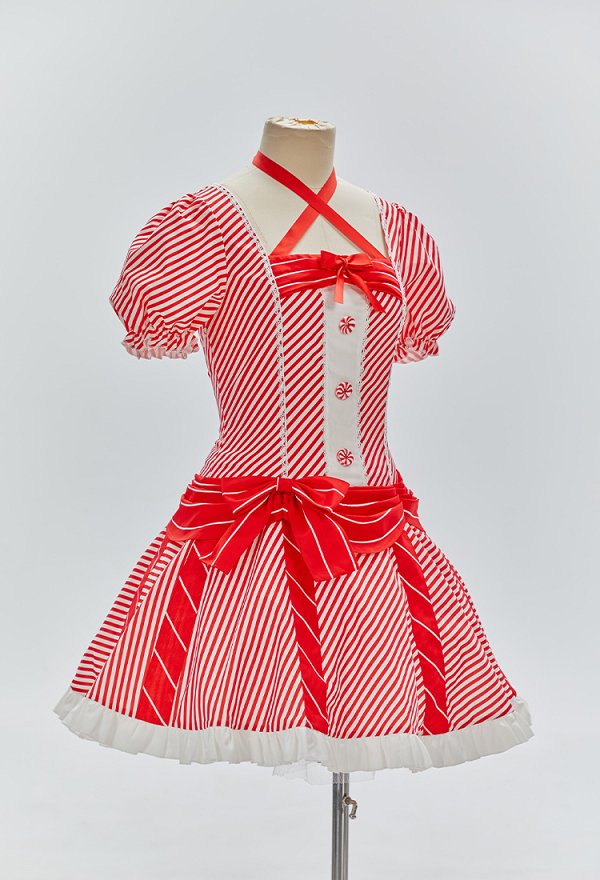 Vestido Navideño Adorable de Bastón de Caramelo Vestido de Mangas Abullonadas a Rayas Rojas y Blancas