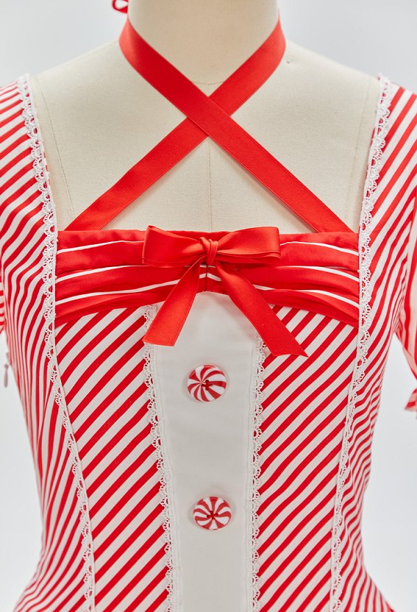 Vestido Navideño Adorable de Bastón de Caramelo Vestido de Mangas Abullonadas a Rayas Rojas y Blancas