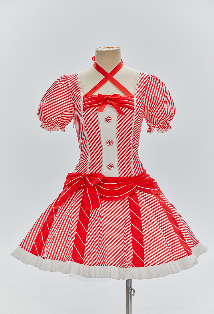 Christmas Cute Candy Cane Dress Red and White Striped Puff Sleeve Dress