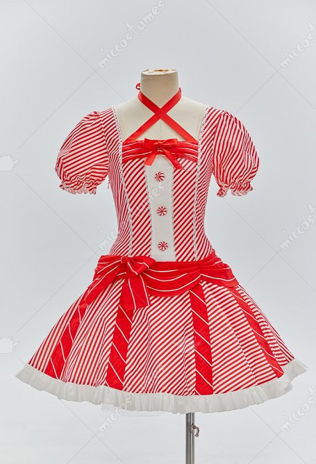 Christmas Cute Candy Cane Dress Red and White Striped Puff Sleeve Dress