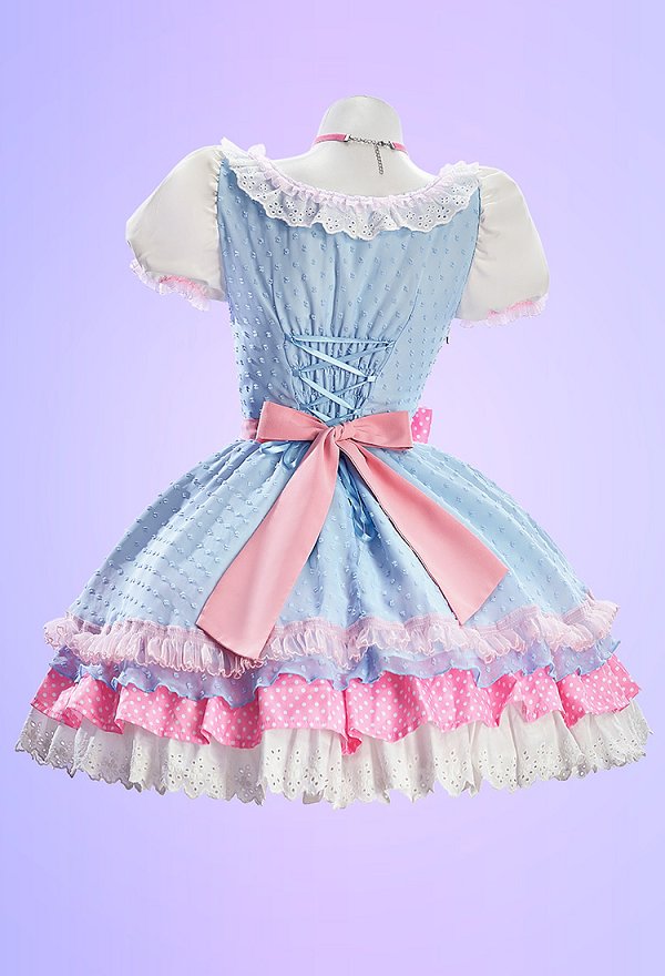 Anime Puppen niedliches Lolita Outfit gepunktetes Farbblock Kleid mit Schürze und Hut