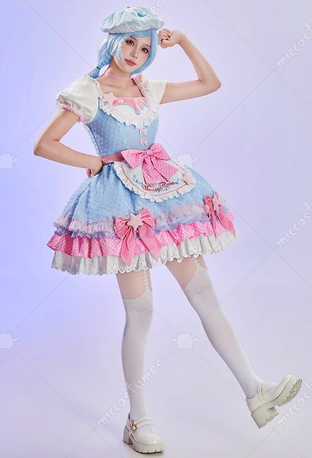 Anime Doll Derivative Cute Lolita Outfit Color-blocked Polka-dot Dress with Apron and Hat
