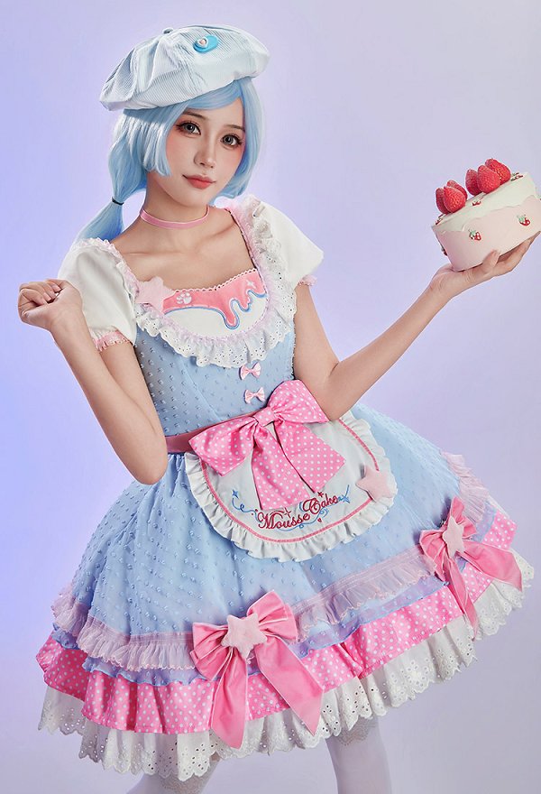 Anime Puppen niedliches Lolita Outfit gepunktetes Farbblock Kleid mit Schürze und Hut