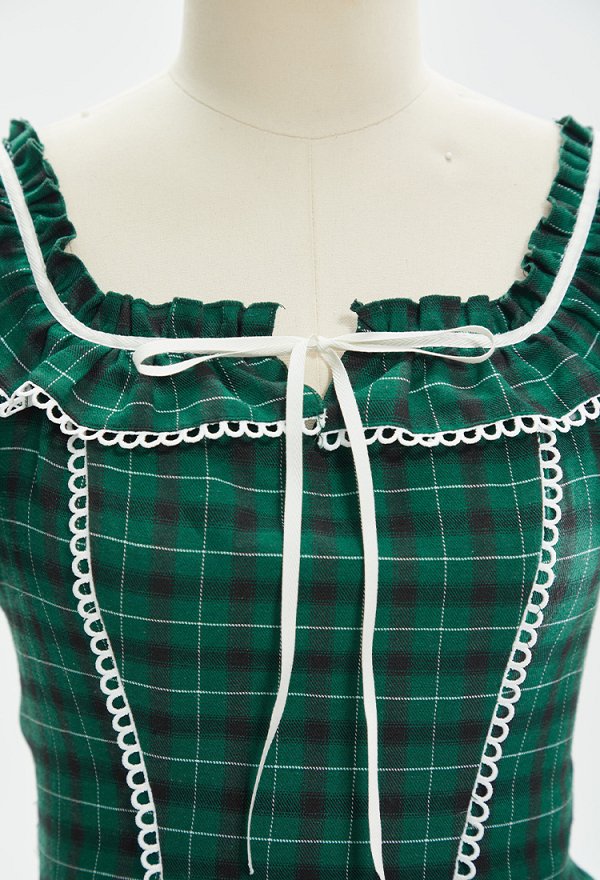 Vestido Retro Navideño de Cuadros Verdes Vestido de los 50 de Cuello Cuadrado con Mangas Abullonadas