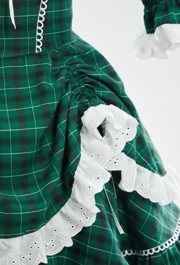 Vestido Retro Navideño de Cuadros Verdes Vestido de los 50 de Cuello Cuadrado con Mangas Abullonadas