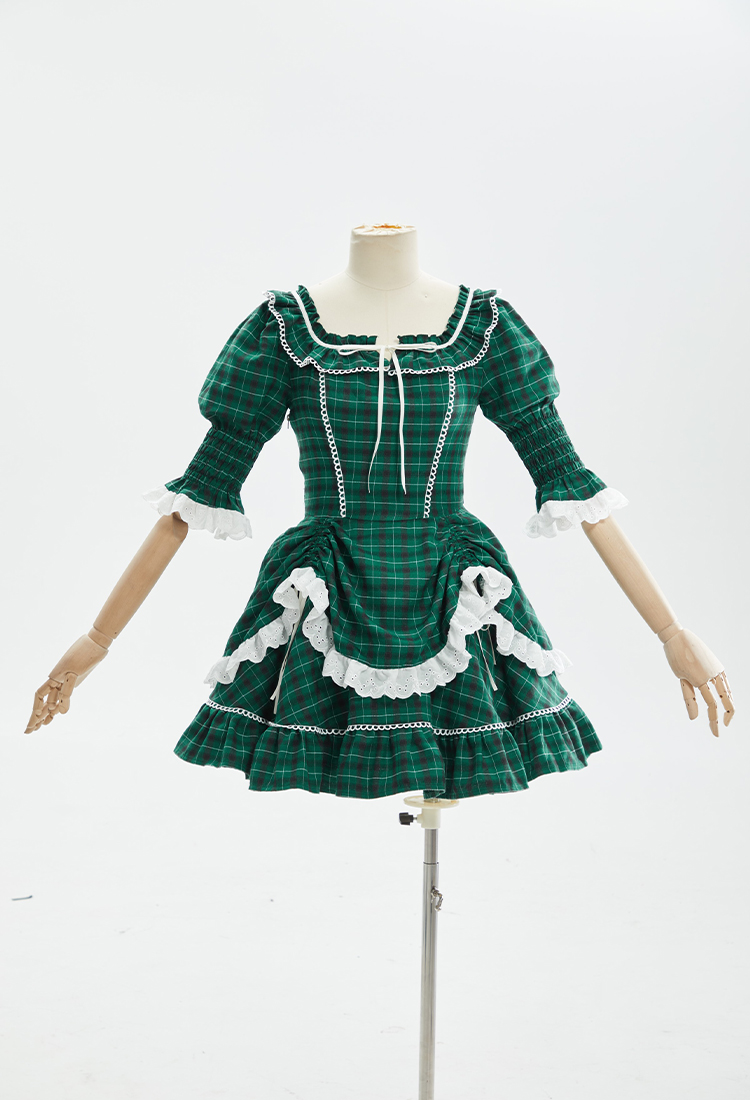 Retro Christmas Green Plaid Dress 50s Square Neck Puff Sleeve Dress