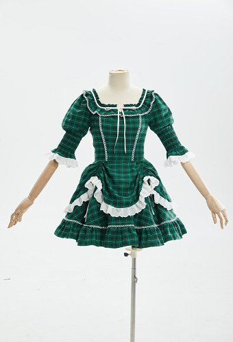 Retro Christmas Green Plaid Dress 50s Square Neck Puff Sleeve Dress
