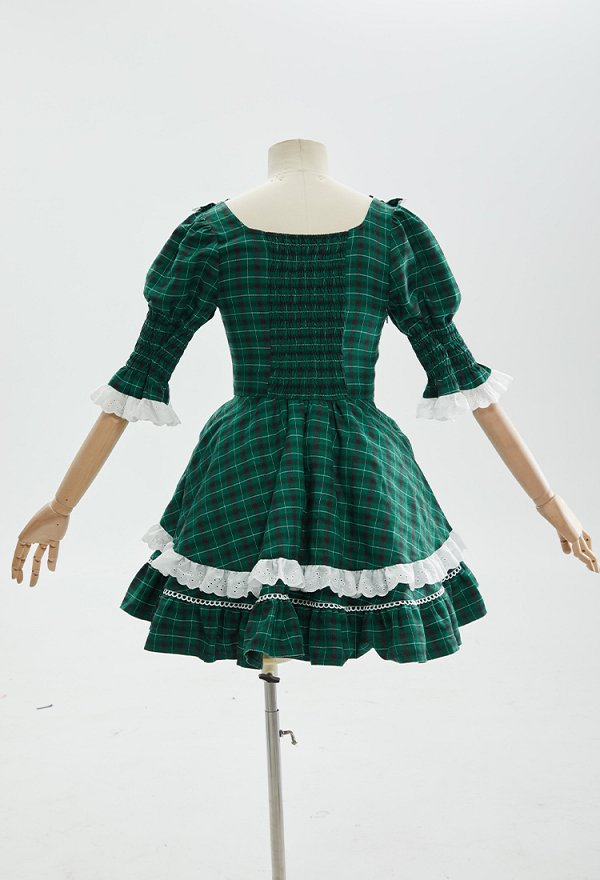 Vestido Retro Navideño de Cuadros Verdes Vestido de los 50 de Cuello Cuadrado con Mangas Abullonadas