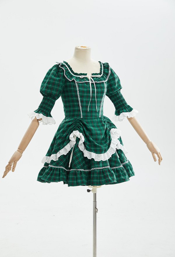 Vestido Retro Navideño de Cuadros Verdes Vestido de los 50 de Cuello Cuadrado con Mangas Abullonadas