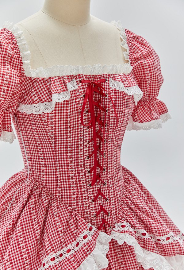 Vintage Christmas Red Plaid Dress Square Neckline Puff Sleeve Dress