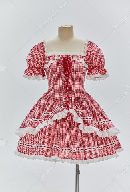 Vintage Christmas Red Plaid Dress Square Neckline Puff Sleeve Dress