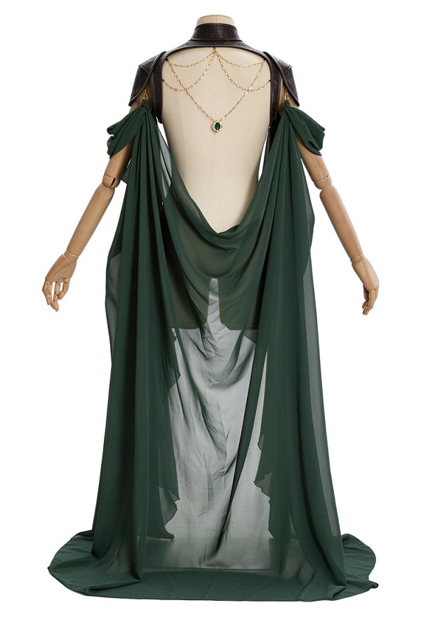 Daizbella Medieval Dark Green Elf Style Shawl Vintage Shoulder Armor and Train with Chain