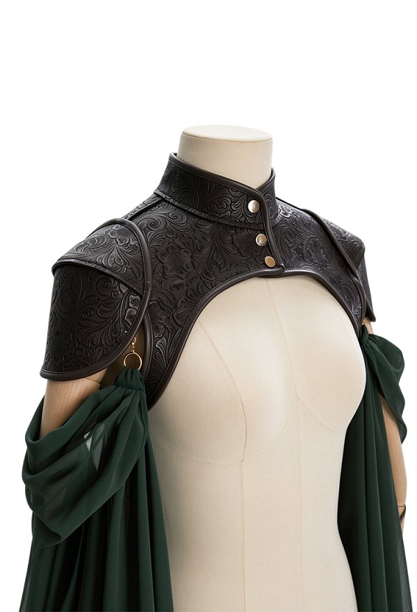 Daizbella Medieval Dark Green Elf Style Shawl Vintage Shoulder Armor and Train with Chain
