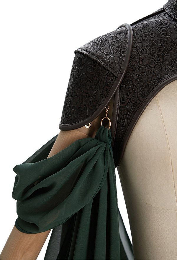 Daizbella Medieval Dark Green Elf Style Shawl Vintage Shoulder Armor and Train with Chain