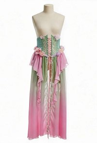 Daizbella Medieval Renaissance Green-Pink Gradient Elf Style Corset Front Slit Long Skirt