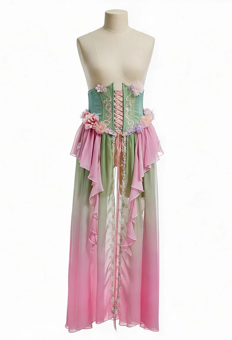 Vestido Largo Medieval Renacentista Daizbella con Degradado Verde-Rosa Estilo Elfo Corsé y Abertura Frontal