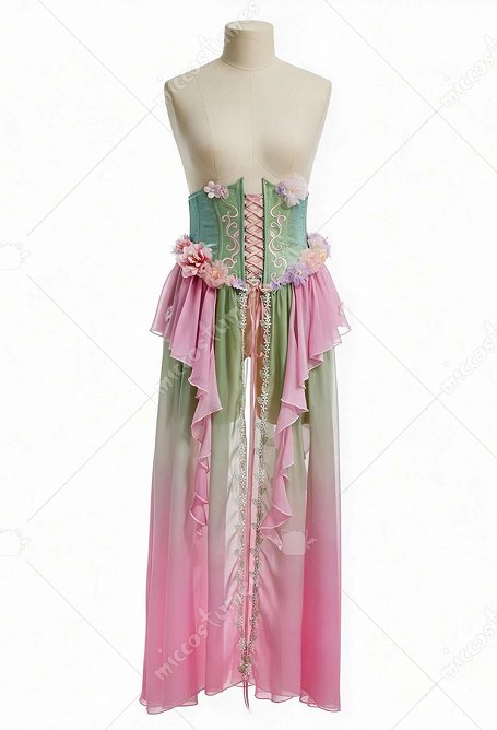 Daizbella Medieval Renaissance Green-Pink Gradient Elf Style Corset Front Slit Long Skirt