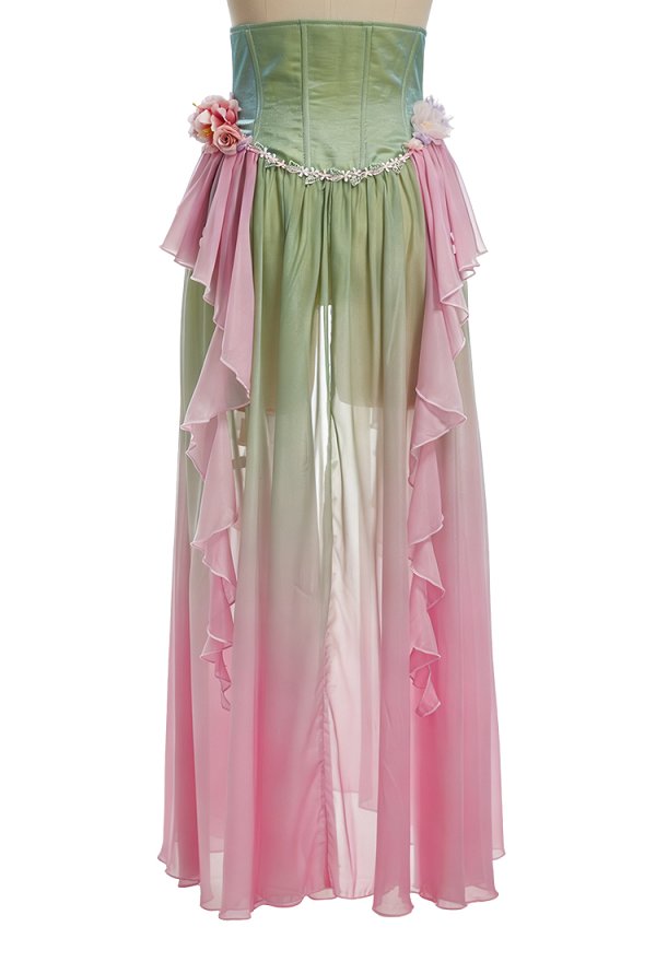 Daizbella Medieval Renaissance Green-Pink Gradient Elf Style Corset Front Slit Long Skirt
