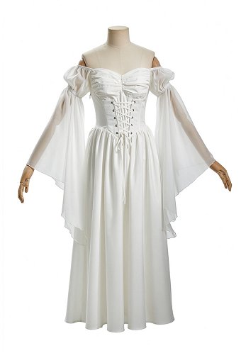 Daizbella Medieval Renaissance Retro Inner Dress Off-Shoulder Wide-Sleeve White Base Dress