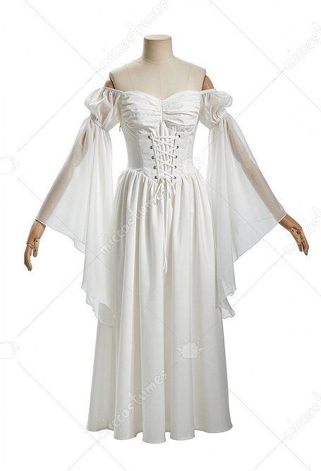 Daizbella Medieval Renaissance Retro Inner Dress Off-Shoulder Wide-Sleeve White Base Dress