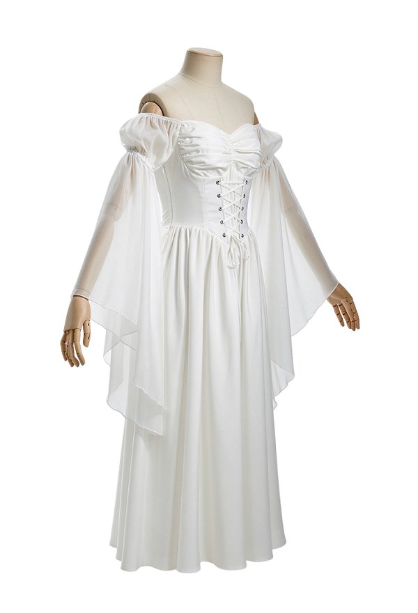 Daizbella Medieval Renaissance Retro Inner Dress Off-Shoulder Wide-Sleeve White Base Dress