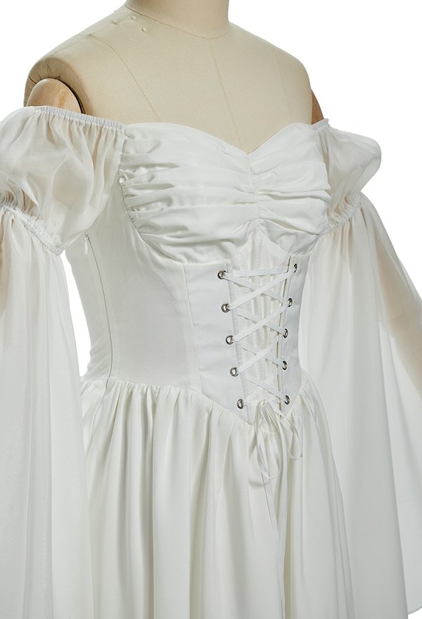 Daizbella Medieval Renaissance Retro Inner Dress Off-Shoulder Wide-Sleeve White Base Dress