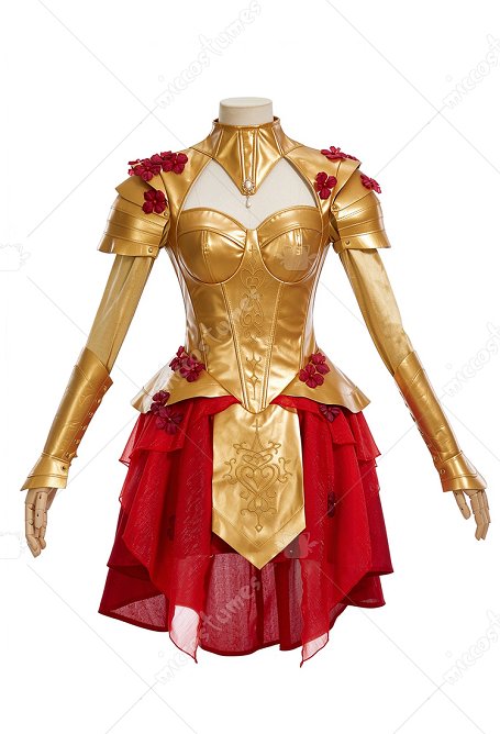 Daizbella Medieval Fantasy Warrior Gold and Red Princess Dress Corset Dress with Vambraces