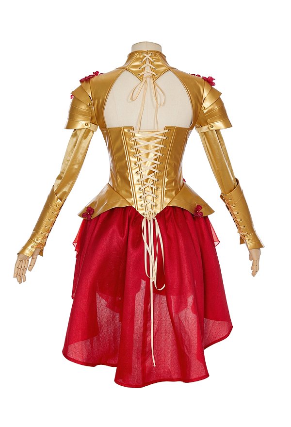 Vestido de Princesa Dorado y Rojo de Guerrera Fantástica Medieval Daizbella Vestido con Corsé y Brazales