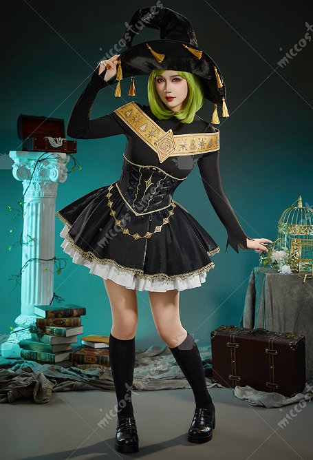 Witch Hat Brimmed Cap Black Magic Coco Derivative Costume Robe à manches longues avec ceinture taille Châle et Chapeau
