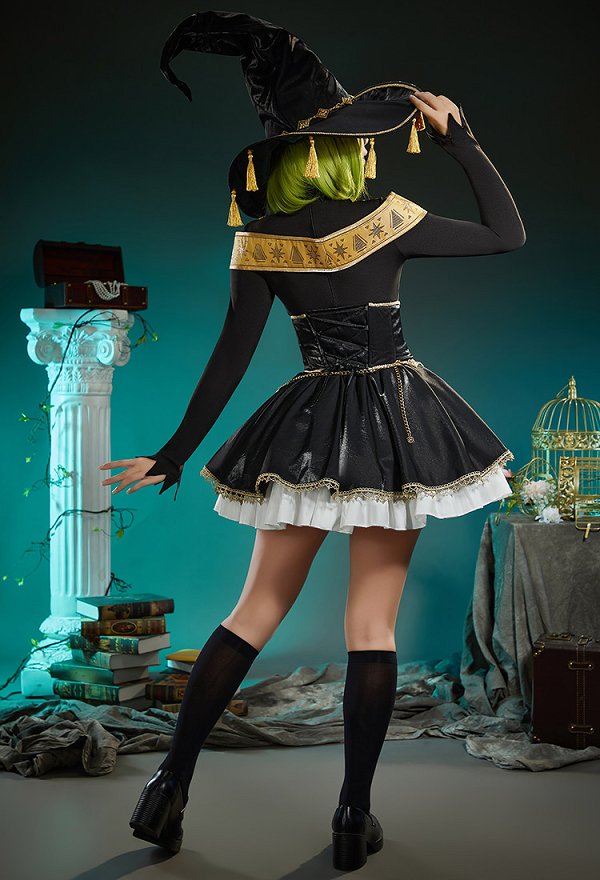Witch Hat Brimmed Cap Black Magic Coco Derivative Kostüm Langarmkleid mit Taillengürtel Schal und Hut