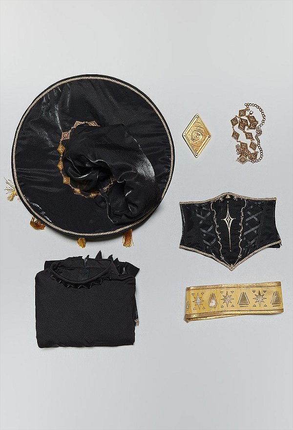 Witch Hat Brimmed Cap Black Magic Coco Derivative Kostüm Langarmkleid mit Taillengürtel Schal und Hut