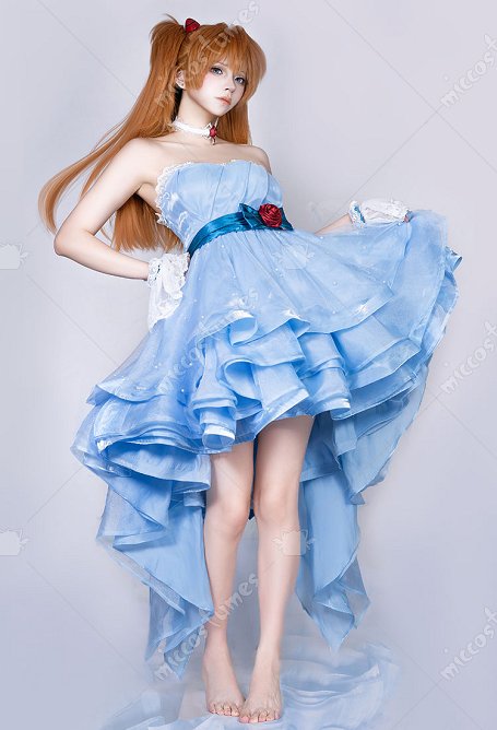 Disfraz de cosplay de EVA, vestido azul con cinturón y gargantilla