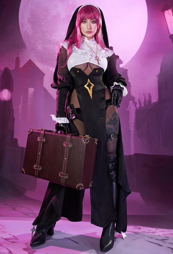 Miccostumes x Mobbunny x Chowbie Cazador de Vampiros Conjunto de Lencería Sexy de Monja Vestido de Abertura Alta con Collar de Diadema