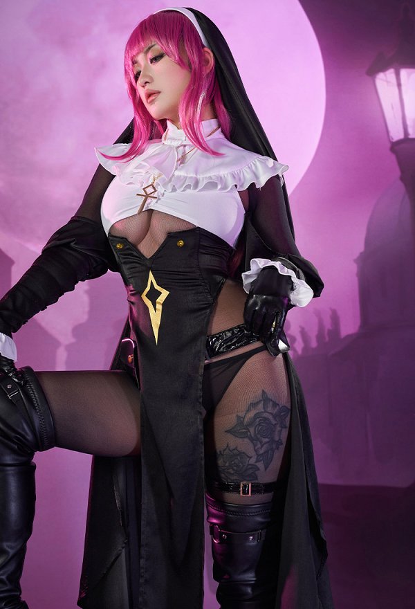 Miccostumes x Mobbunny x Chowbie Cazador de Vampiros Conjunto de Lencería Sexy de Monja Vestido de Abertura Alta con Collar de Diadema