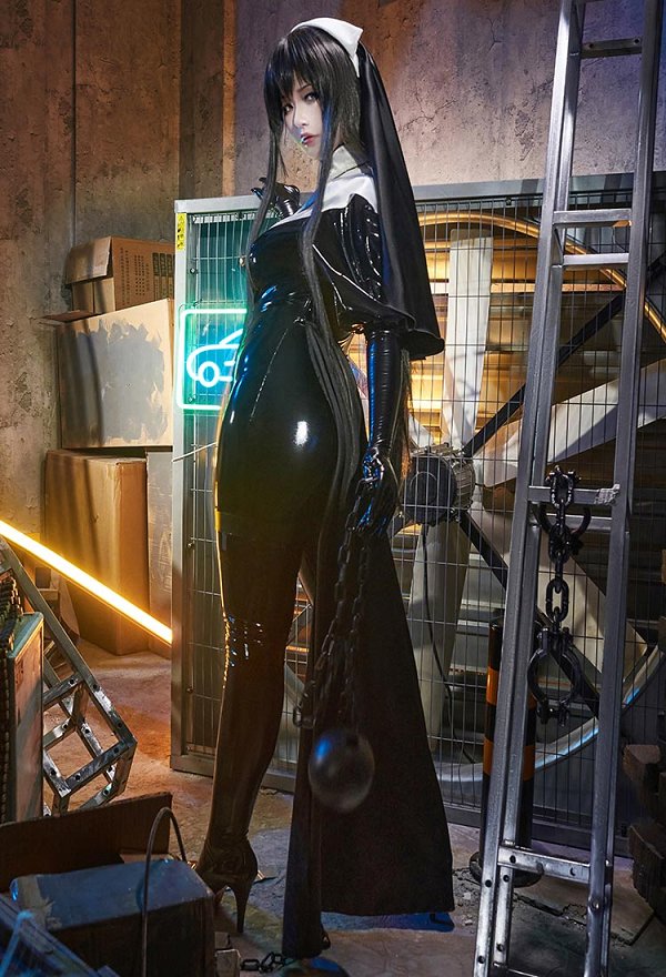 Miccostumes x Mobbunny x Chowbie Latex Sisters Sexy Lingerie Set Black Nun Costume Bodysuit Jumpsuit with Collar Headband Necklace