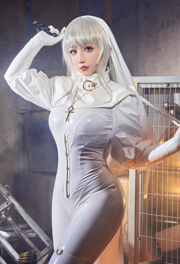Miccostumes x Mobbunny x Chowbie Latex Sisters Sexy Lingerie Set White Nun Costume Bodysuit Jumpsuit with Collar Headband Necklace