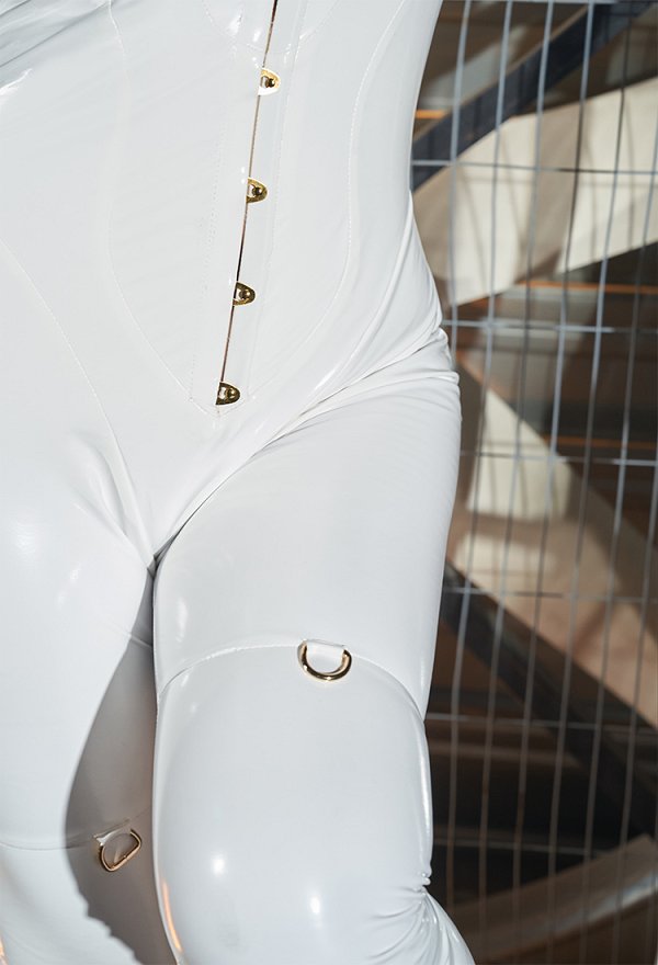 Miccostumes x Mobbunny x Chowbie Latex Sisters Sexy Lingerie Set White Nun Costume Bodysuit Jumpsuit with Collar Headband Necklace