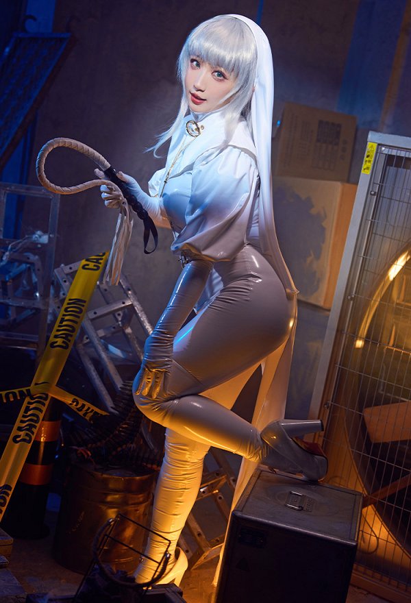 Miccostumes x Mobbunny x Chowbie Latex Sisters Sexy Lingerie Set White Nun Costume Bodysuit Jumpsuit with Collar Headband Necklace