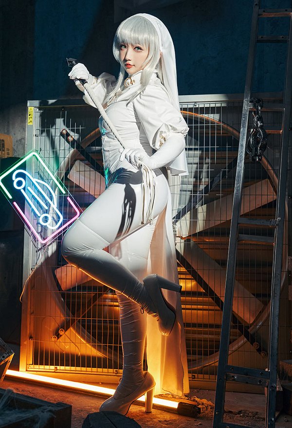 Miccostumes x Mobbunny x Chowbie Latex Sisters Sexy Lingerie Set White Nun Costume Bodysuit Jumpsuit with Collar Headband Necklace