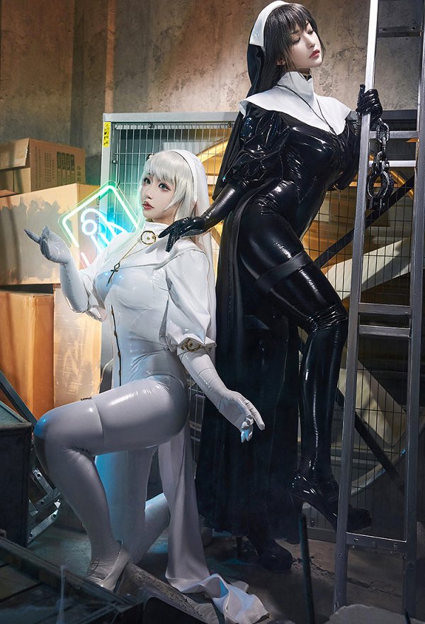 Miccostumes x Mobbunny x Chowbie Latex Sisters Sexy Lingerie Set White Nun Costume Bodysuit Jumpsuit with Collar Headband Necklace