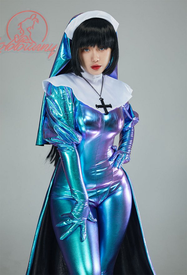 Miccostumes x MobBunny x Chowbie Sisters Sexy Nun Costume Gothic Lingerie Bodysuit and Necklace with Headband and Skirt Hem