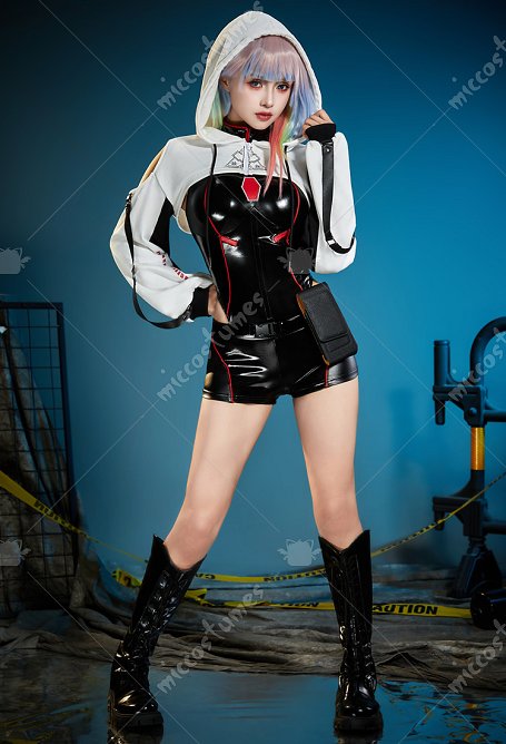 Lucy Derivative Motorcycle Style Matching Set High-slit Halter-neck Bodysuit and Shorts with Hooded Cropped Bolero