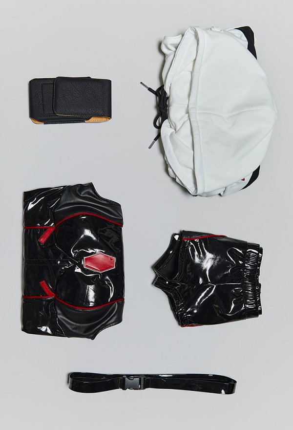 Lucy Derivative Motorcycle Style Matching Set High-slit Halter-neck Bodysuit and Shorts with Hooded Cropped Bolero