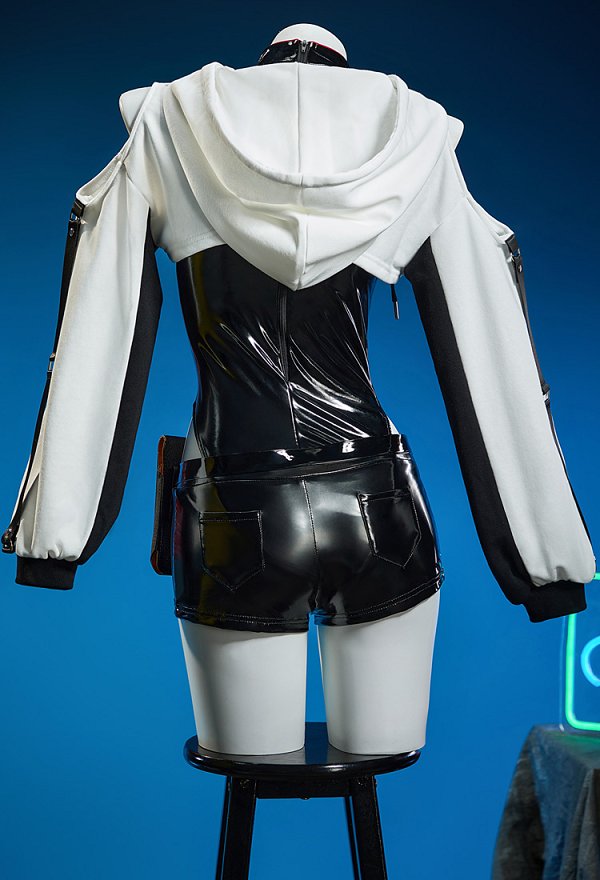 Lucy Derivative Motorcycle Style Matching Set High-slit Halter-neck Bodysuit and Shorts with Hooded Cropped Bolero