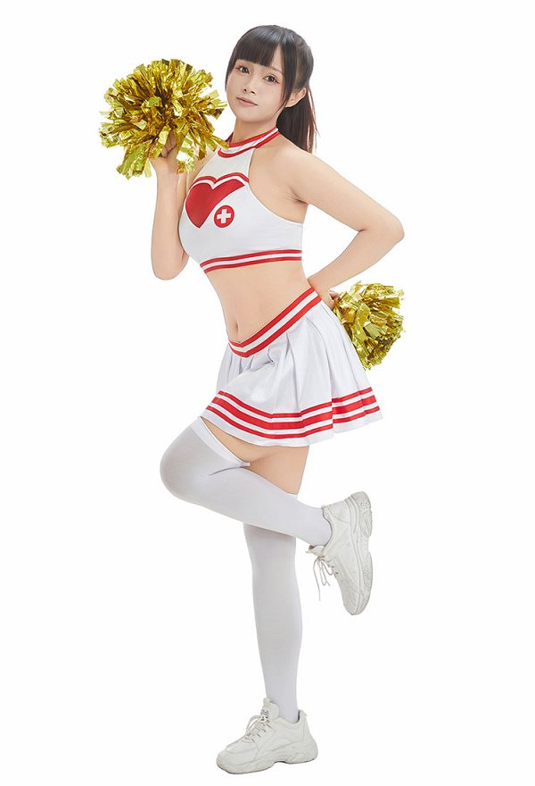 Halloween Female Nurse Role Play Costume Cheerleader Outfit Striped Halter Crop Top and Skirt with Headband
