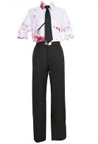 Chainsaw Denji Cosplay Kostüm Blutfleck Print Uniform Set Hemd und Hose mit Krawatte und Gürtel